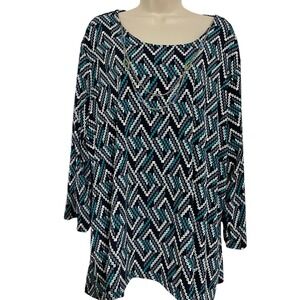 Alfred Dunner 1X 3/4 Sleeves Top Blouse Black White Turquoise Round Neckline